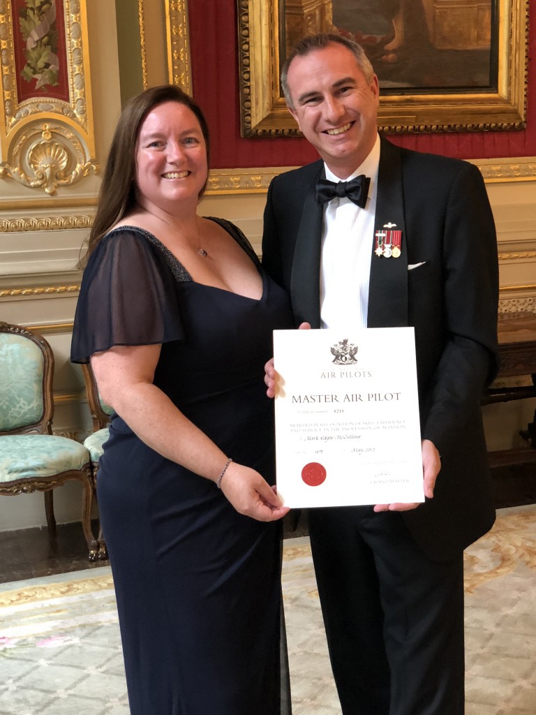 Mark McCullins received the award at the Honorable Company of Air Pilots Livery Dinner in London on May 24. He is seen here with his wife, Kathy.